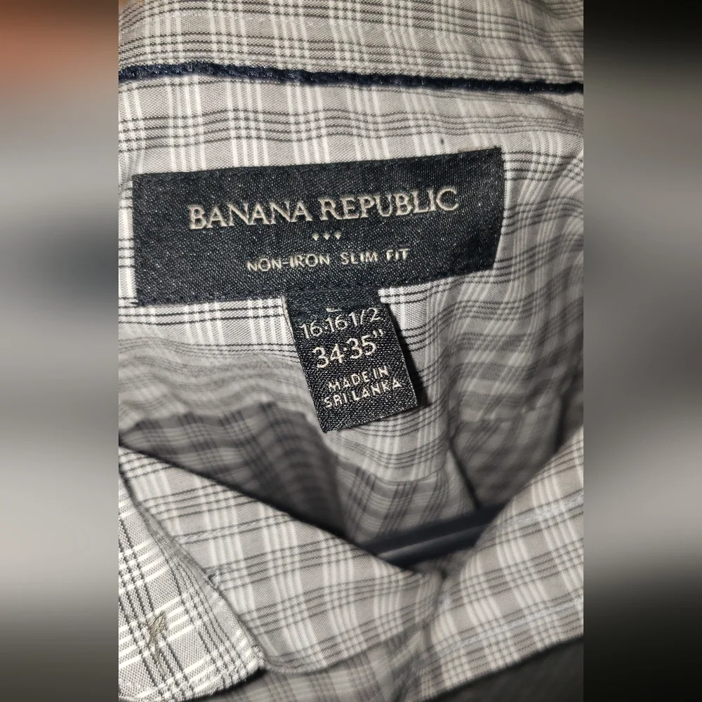 Banana Republic Non-Iron Slim Fit L 16-16.5 34-35 grey white plaid